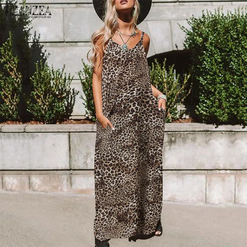 Špageti Trak Leopard Obleko ZANZEA 2021 Žensk Tiskanja Sundress Moda Proti-Vrat Poletje Dolgo Obleko Plus Velikost Ogrinjalo brez Rokavov 7