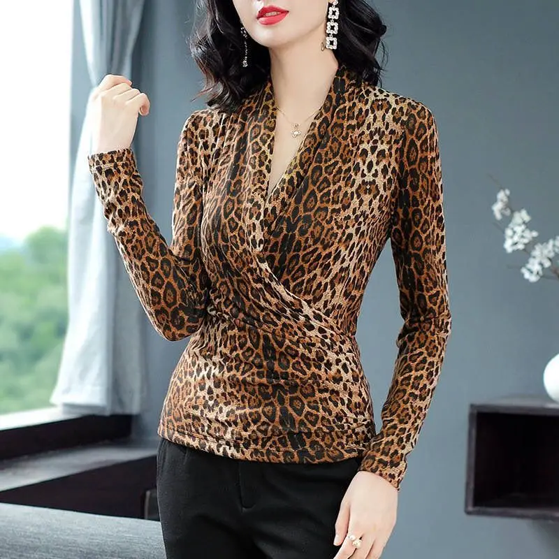 Žensk Pomlad Jesen Slog Bluze Rokavi Ženske Leopard Proti-Vrat Dolg Rokav Votlih Iz Sequined korejski Slim Vrhovi DD8775