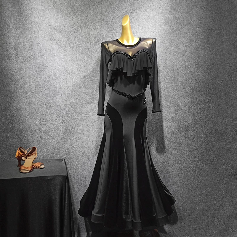 Ženska Dvorana Obleko Standardni Plesne Obleke Pozimi Black Dolg Rokav Valček Flamenco španski Obleke Lady Uspešnosti Obrabe DN4489