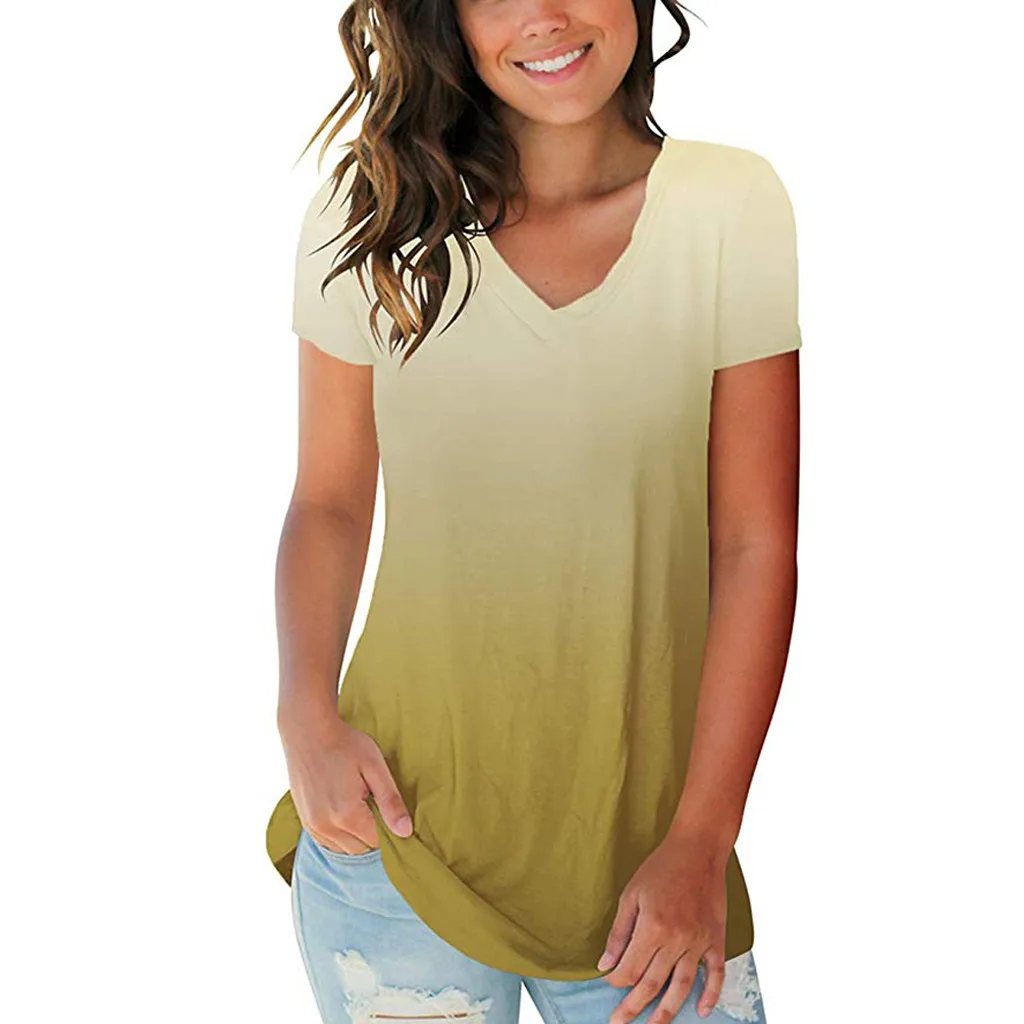 Ženska Majica Ženska Moda Plus Velikost Gradient Barve Proti-vrat Kratek Rokav Topsplus Velikosti T-shirt ženska Oblačila