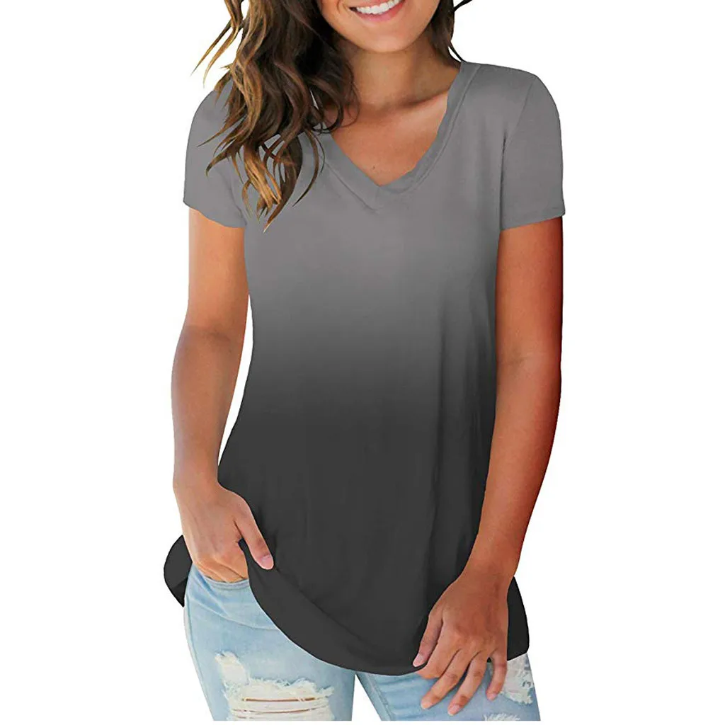 Ženska Majica Ženska Moda Plus Velikost Gradient Barve Proti-vrat Kratek Rokav Topsplus Velikosti T-shirt ženska Oblačila