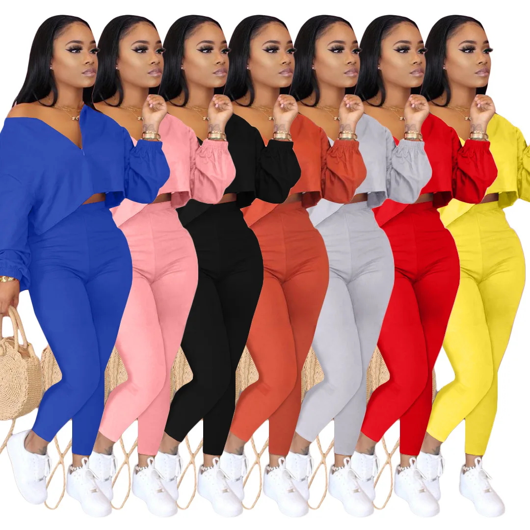 Ženske Barva Popka Ramenski Modni T-shirt Hlače Dva-Delni Set 2020 Nove Priložnostne Obleko Evropski in Ameriški Oblačila