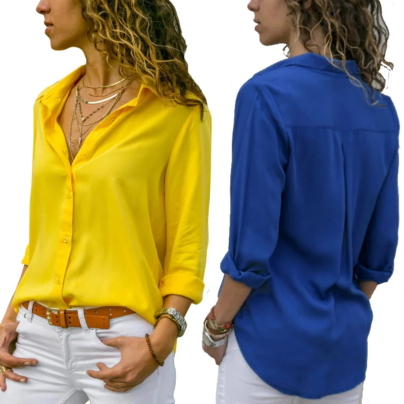 Ženske Bele Bluze Osnovne Prodajne Gumb Trdna 2020 poletje Dolg Rokav Shirt Ženski Šifon Žensk Slim Plus Velikost Oblačila Vrhovi