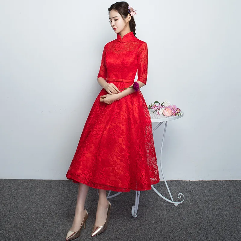 Ženske Bež Kitajski Elegantno Formalno Stranko Obleko Lepe Čipke Naguban Obleke Temperament Letnik Gumb Trim Banket Obleke