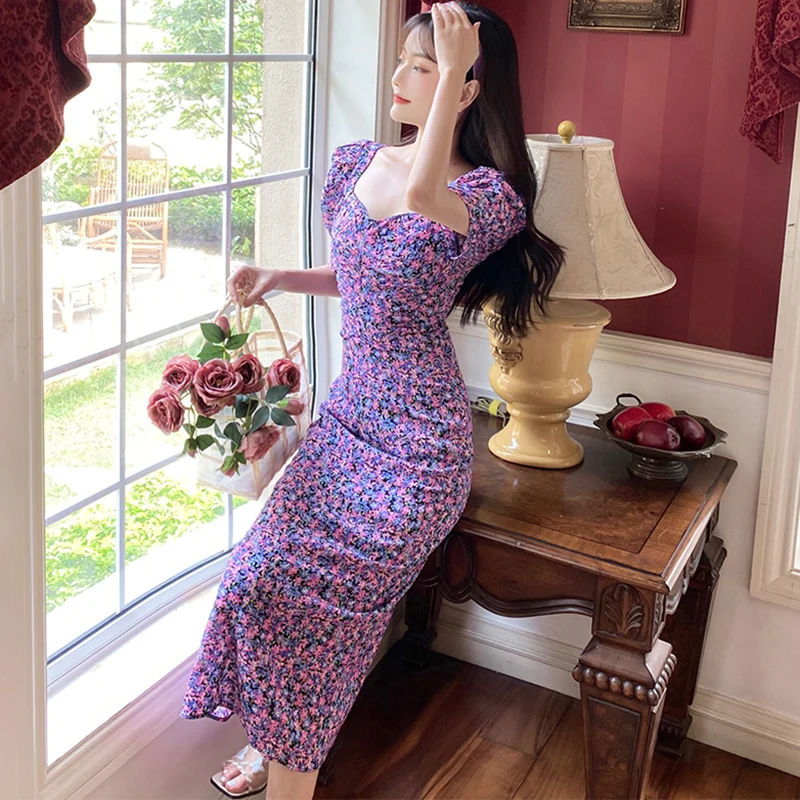 Ženske Dolge Cvetlični Vijolično Šifon Obleko Poletje 2020 Vzletno-Pristajalne Steze Korejski Letnik Stranka Obleko Elegantno Boho Retro Priložnostne Obleke Počitnice