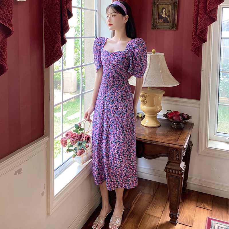Ženske Dolge Cvetlični Vijolično Šifon Obleko Poletje 2020 Vzletno-Pristajalne Steze Korejski Letnik Stranka Obleko Elegantno Boho Retro Priložnostne Obleke Počitnice
