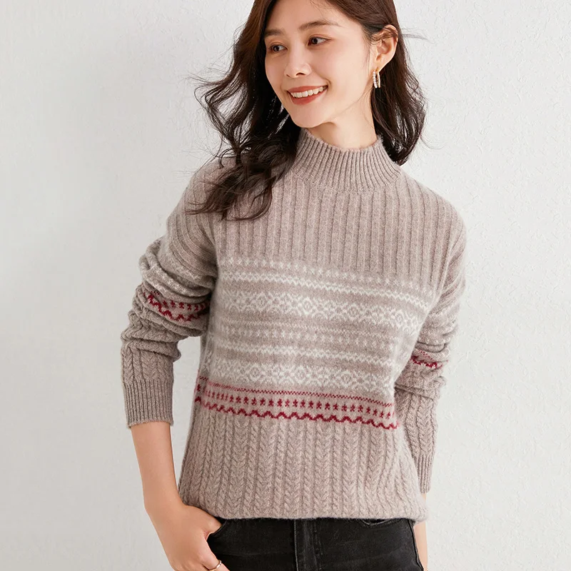 Ženske dolge rokave pletene džemper pravi volne o-vratu prugasta argyle mehko slim letnik pulover