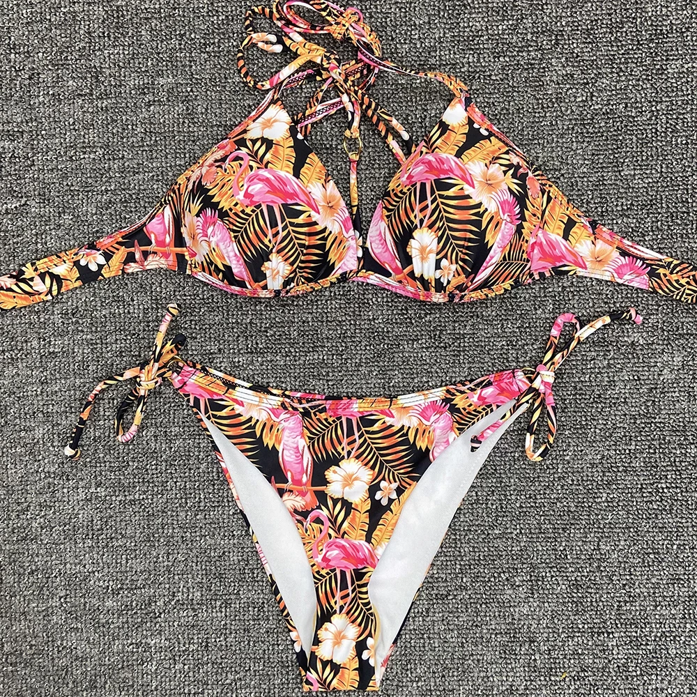 Ženske Flamingo Črne Kopalke Seksi Push Up Bikini Dva Kosa Kopalke Poletje Plaža Kopalke Trikotnik Plus Velikost Bikini Komplet