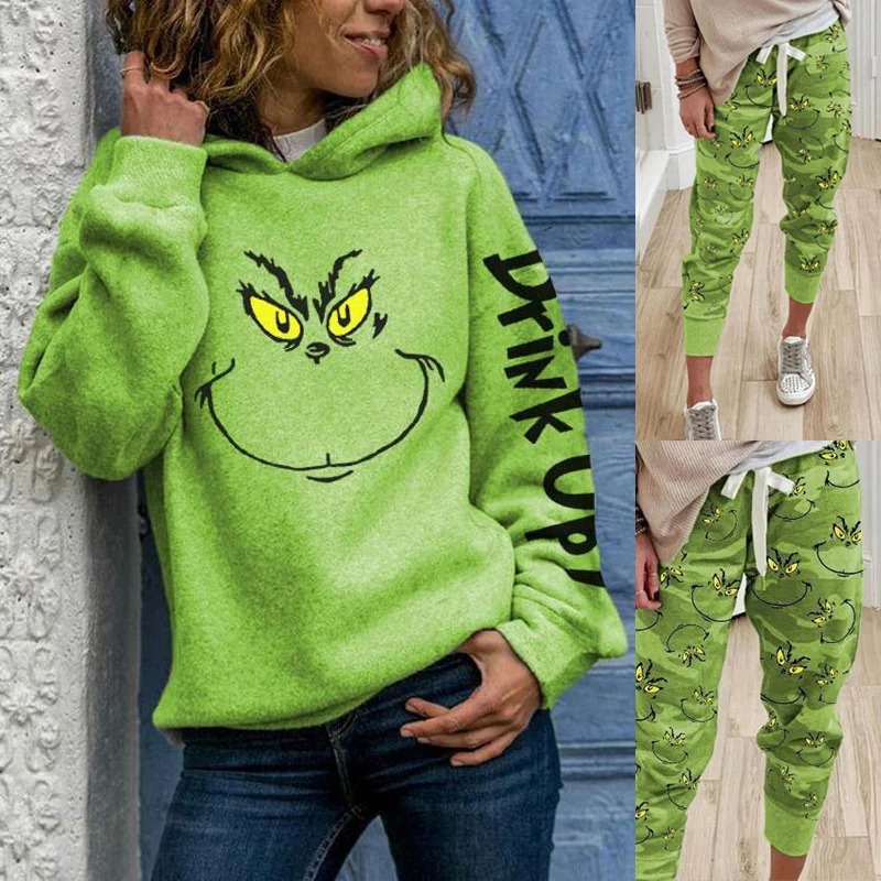 Ženske Grinch Hoodie Sweatshirts Tiskanja Hlač in Grinch Obraz Pijačo Gor Božič Hoodies za Dekle Trajne Modi