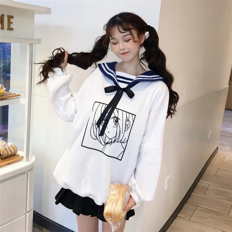 Ženske Japonski Mehko sestra Mornarice ovratnik Srčkan Harajuku Anime Dekle Znak Tiskanja Runo Svoboden Priložnostne Dolgimi Puloverji Jopice