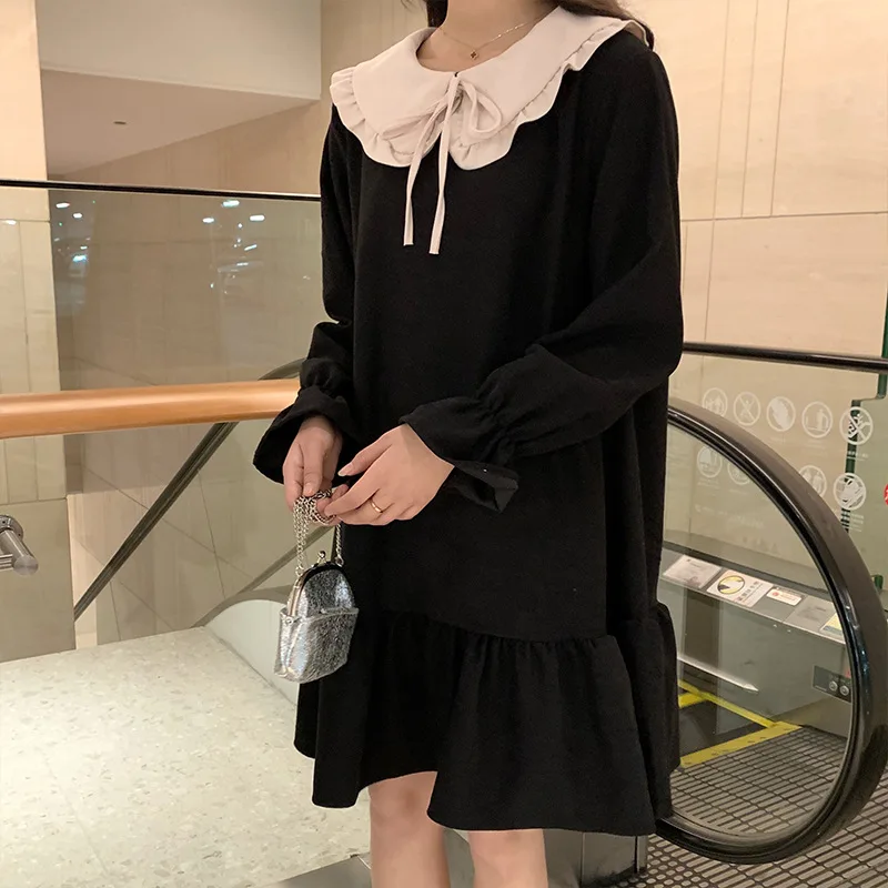 Ženske Jeseni Obleko Modne Preppy Stil Long Sleeve Lolita Obleke Japonski Sladko Peter Pan Ovratnik Dolgo Ženske Elegantne Obleke