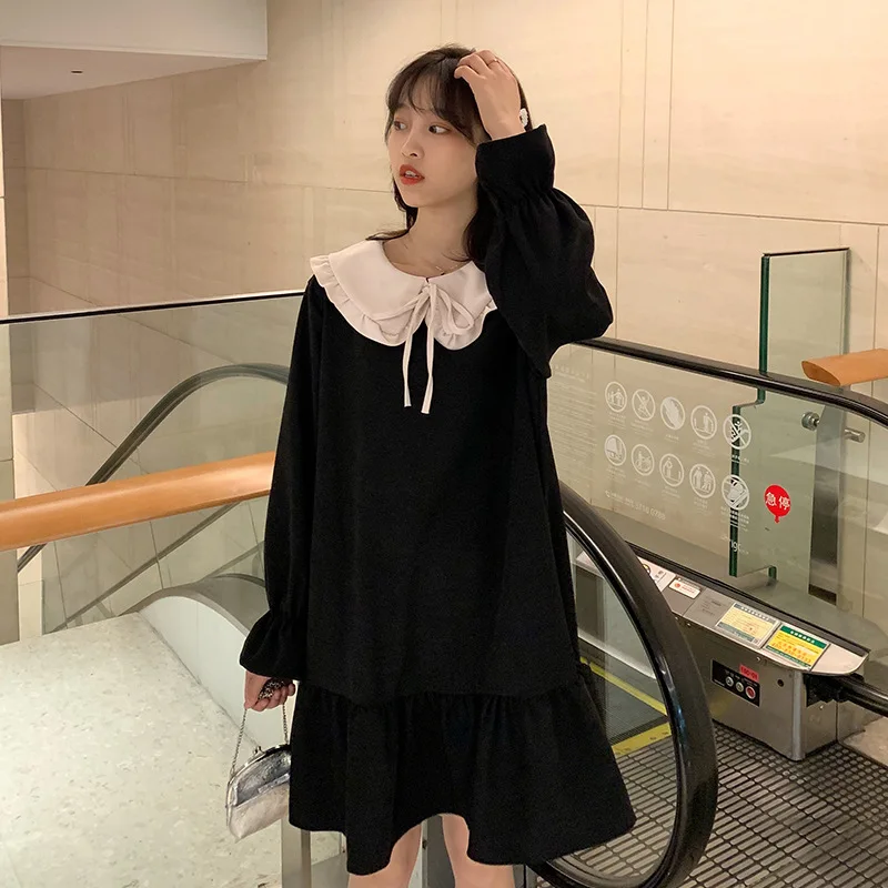 Ženske Jeseni Obleko Modne Preppy Stil Long Sleeve Lolita Obleke Japonski Sladko Peter Pan Ovratnik Dolgo Ženske Elegantne Obleke