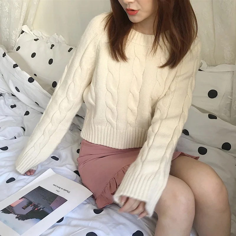 Ženske Kratke Ohlapne Priložnostne Puloverji Barva Modno Twist Dolg Rokav Korejski Sladko Skokih Potegnite Femme