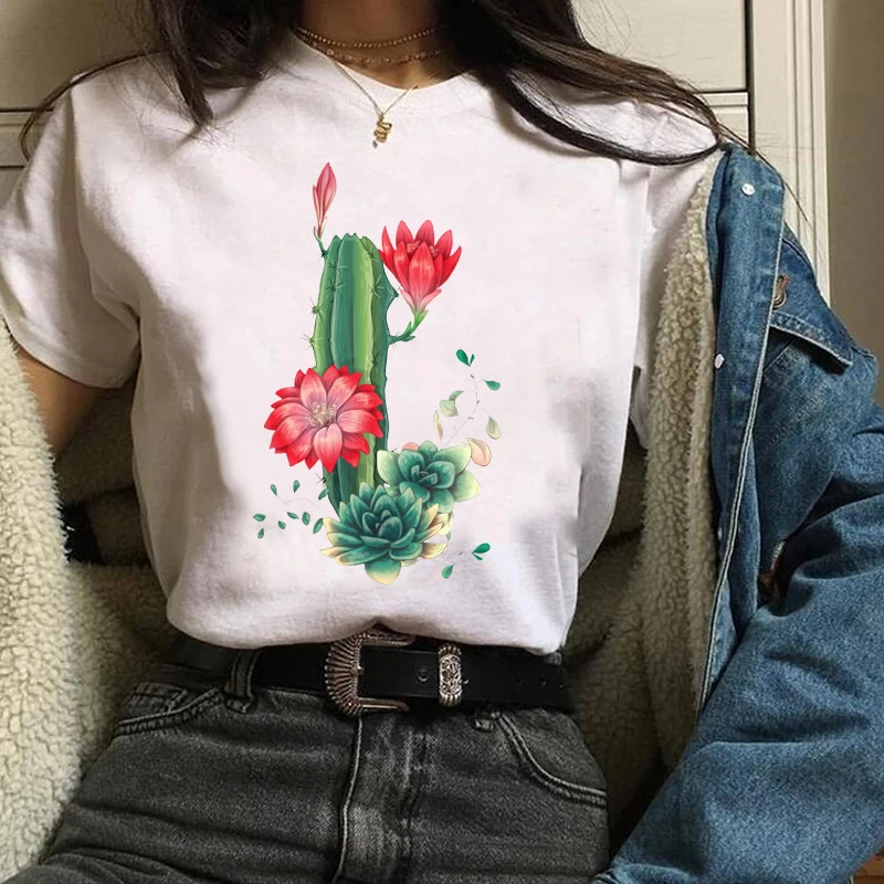 Ženske Lady Tees Tiskanja Grafika Cvetlični Kaktus Rastlin Moda 90. letih Oblačila Kratek Rokav Vrhovi Oblačila Ženska Majica Ženska T-Shirt majica