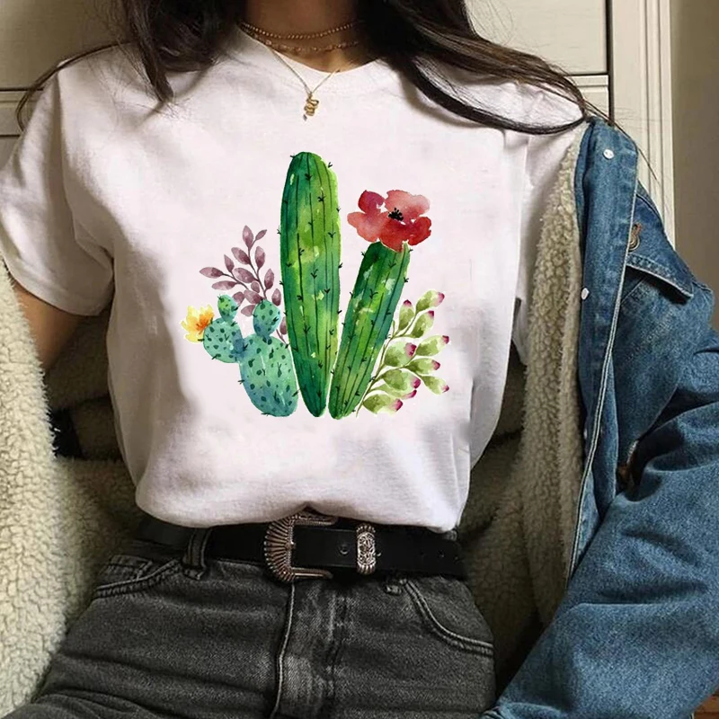 Ženske Lady Tees Tiskanja Grafika Cvetlični Kaktus Rastlin Moda 90. letih Oblačila Kratek Rokav Vrhovi Oblačila Ženska Majica Ženska T-Shirt majica
