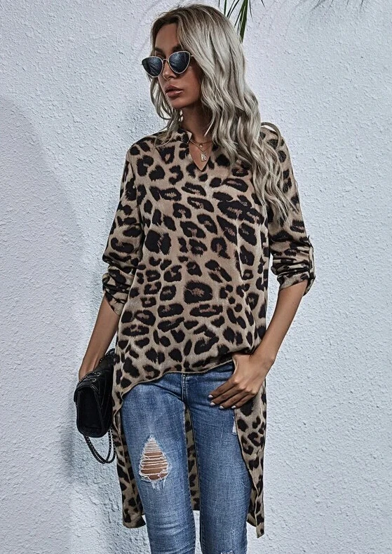 Ženske Leopard Natisnjeni Dolgo Bluze Nezakonitih Majica Kratek Sprednji Dolgo Nazaj Proti-vrat Dolg Rokav Vrh za Žensko Ulične 2020