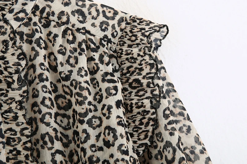 Ženske Leopard Šifon Majica Bluzo Jeseni Leta 2020 Nov Modni Sijoče Skozi Dolg Rokav Srajce Ruffle