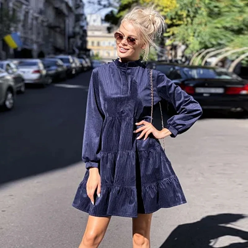 Ženske Letnik Velvet Ruffles Naguban Mini Obleka Znižuj Ovratnik Trdna Preprost Dolg Rokav Priložnostne Obleko 2020 Jeseni Novo Obleko