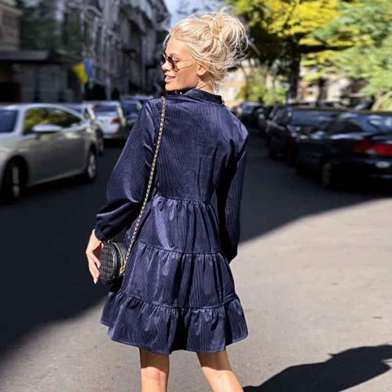 Ženske Letnik Velvet Ruffles Naguban Mini Obleka Znižuj Ovratnik Trdna Preprost Dolg Rokav Priložnostne Obleko 2020 Jeseni Novo Obleko