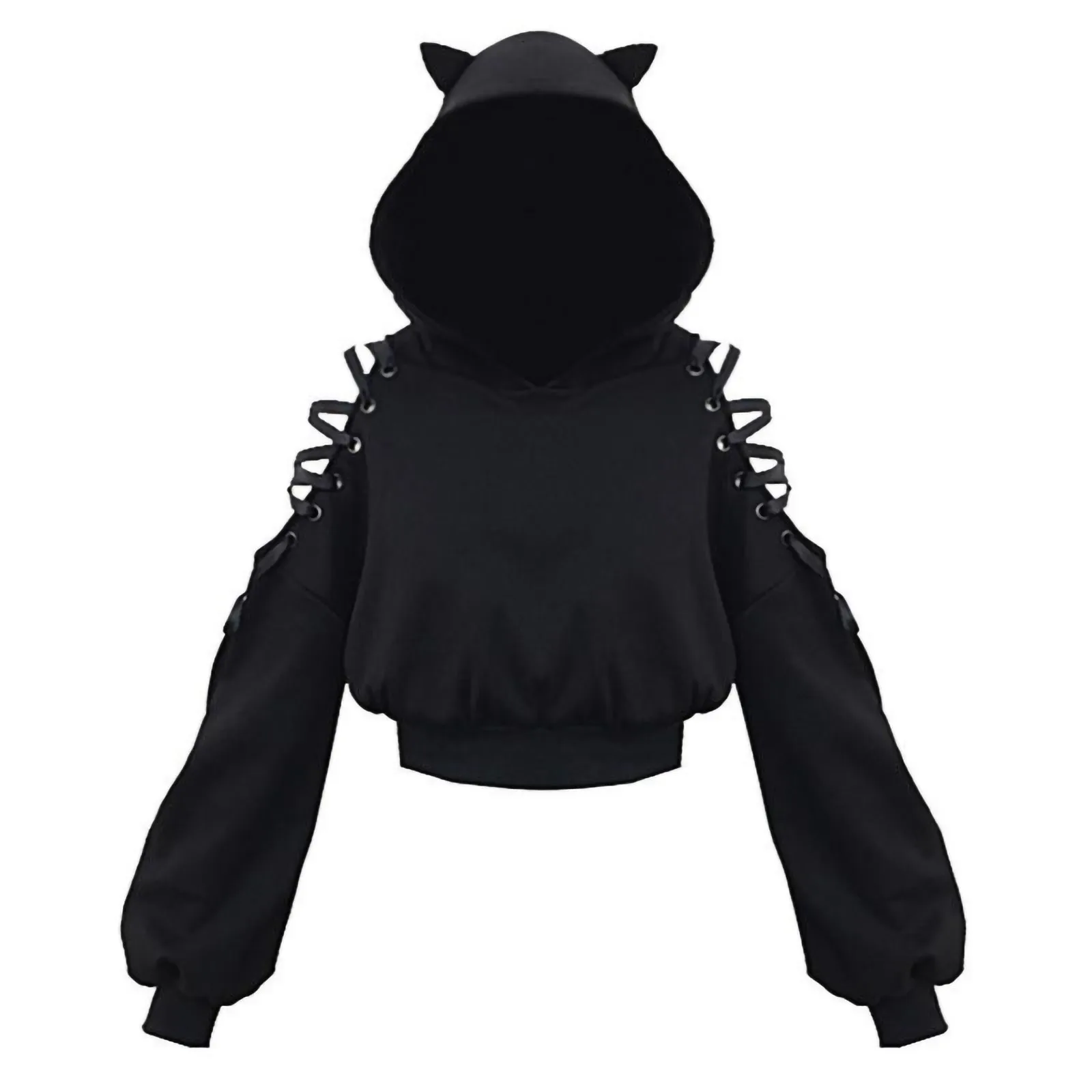 ženske Mačje Uho Hoodie Pulover z Dolgimi Rokavi Križ Hooded Majica Srčkan Solid Black Gothic Sweatshirtsstreetwear Sudaderas#h5