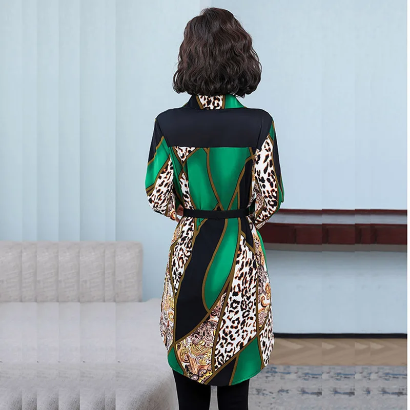 Ženske Mid-Dolžina Dolgo Oplaščeni Bluzo Rokavi Ženske Rumena Zelena korejski Vingtage Leopard Blusas Camisa Plus Velikost Vrhovi S Pasom