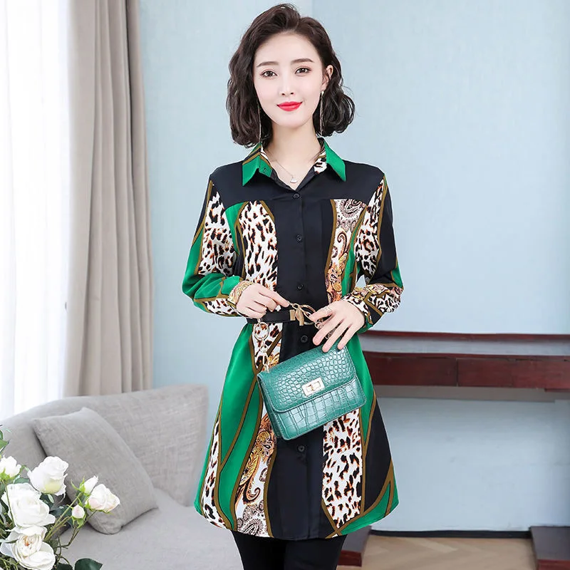 Ženske Mid-Dolžina Dolgo Oplaščeni Bluzo Rokavi Ženske Rumena Zelena korejski Vingtage Leopard Blusas Camisa Plus Velikost Vrhovi S Pasom