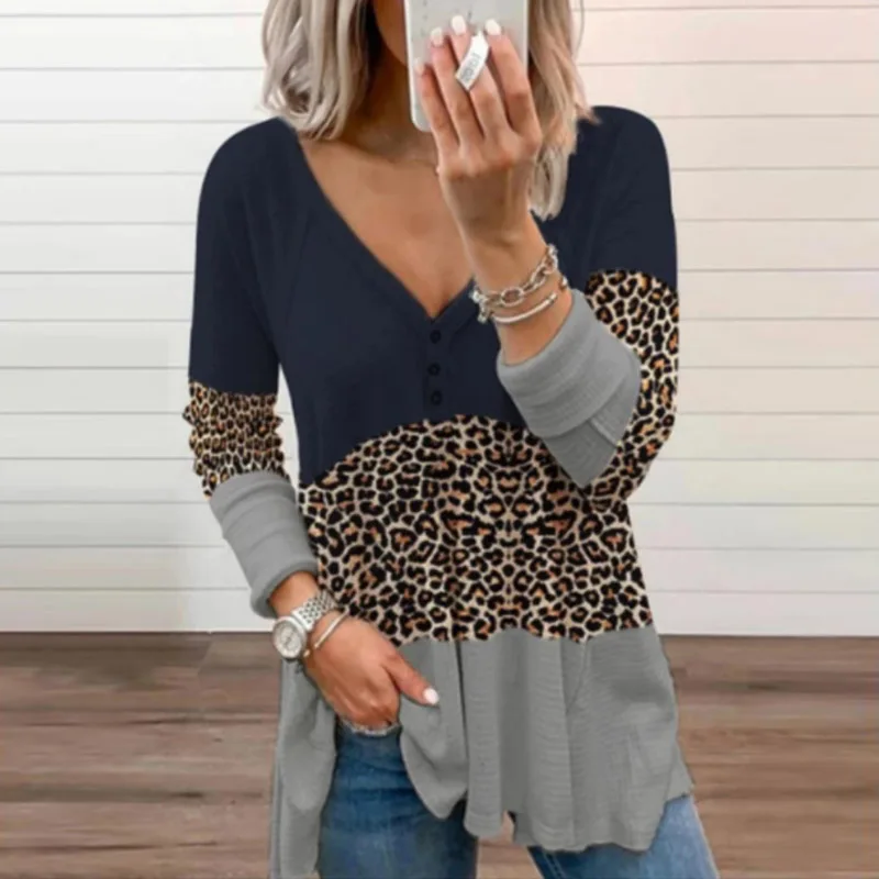 Ženske Modne Priložnostne Proti-Vrat Dolg Rokav Vrhovi 2021 Pomlad Novo Elegantno Mozaik Leopard Bluzo Majice Ženske Svoboden Puloverji 3XL