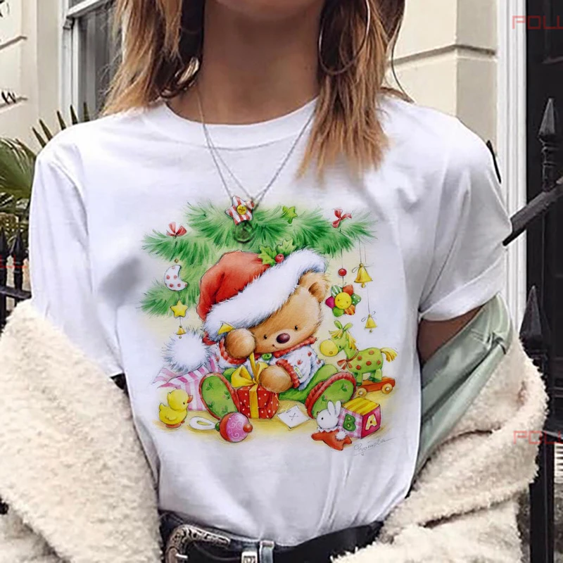 Ženske Modne Vesel Božič Natisnjena Nova Lep Medved T Shirt Harajuku T-shirt Kratek Rokav Bela, ki je Primerna za Vse letne Čase Tshirts
