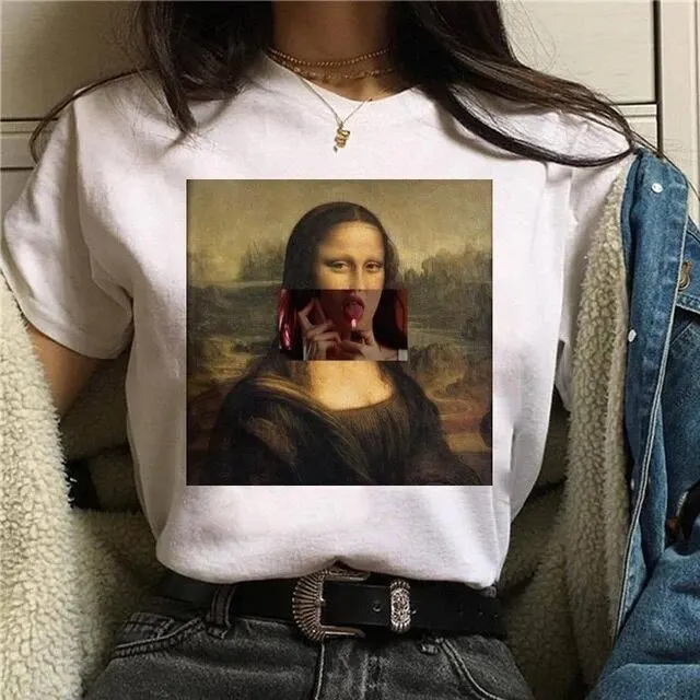 Ženske Mona Lisa Estetske Harajuku T-Shirt Dekle, Ženska Ullzang Letnik 90. letih Tshirt Nova Moda Vrh Tees Ženski,Spusti Ladje