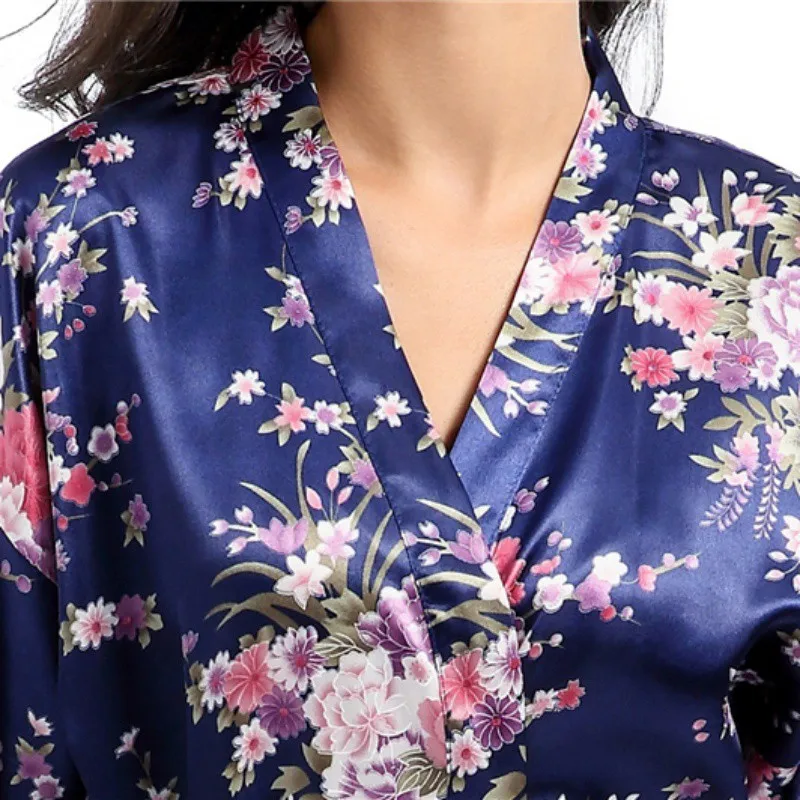 Ženske Nightrobe Svile Satenast Kimono Oblačilih Cvet Tiskanja Poroko Neveste Noč Hišna Obleke Sleepwear Seksi Dame Nightgowns