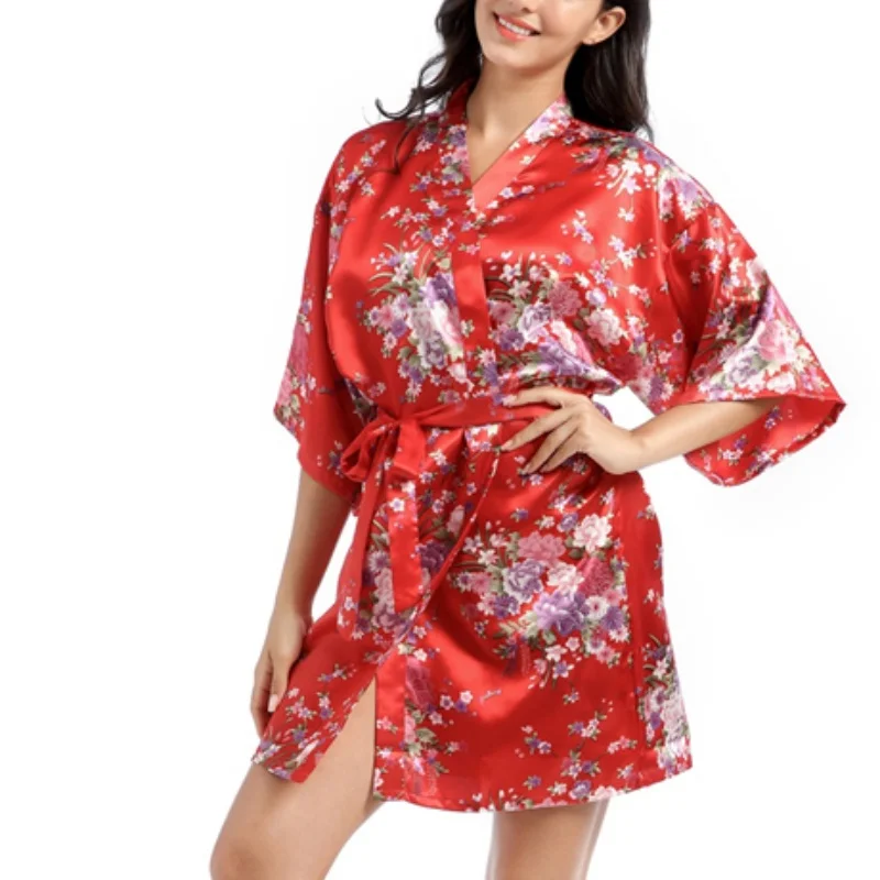 Ženske Nightrobe Svile Satenast Kimono Oblačilih Cvet Tiskanja Poroko Neveste Noč Hišna Obleke Sleepwear Seksi Dame Nightgowns