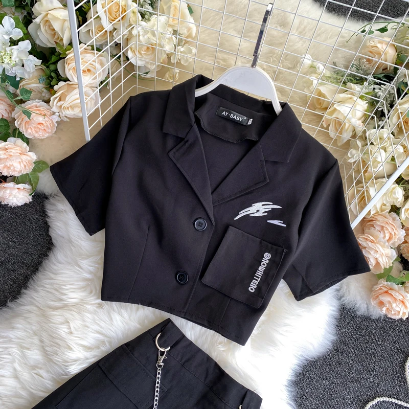 ženske obleke 2020 poletje korejski moda priložnostne kratek rokav obreži zgoraj črn jopič in visoko pasu krilo dve delni set