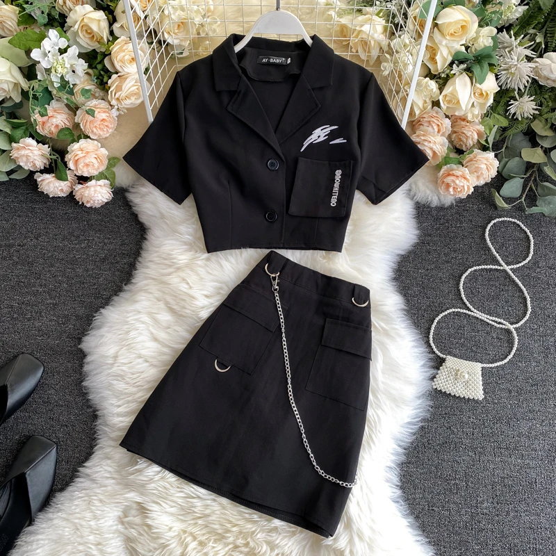 ženske obleke 2020 poletje korejski moda priložnostne kratek rokav obreži zgoraj črn jopič in visoko pasu krilo dve delni set