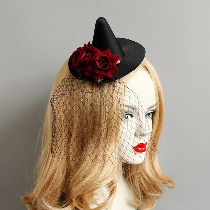 Ženske Party Fascinator Rdeče Rose Hairclip Čarovnica Cilinder Black Neto Tančico Hairband