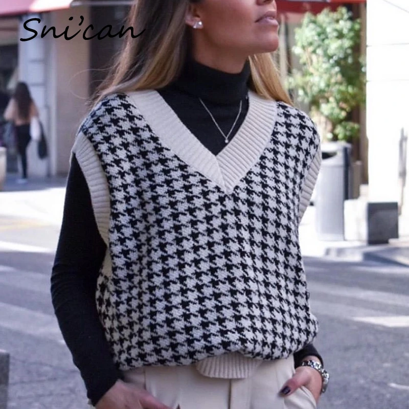 Ženske pleteni pulover moda priložnostne osnovne v vratu črno bel kariran pulover telovnik femme dame potegnite sweter jeseni za leto 2020 nova