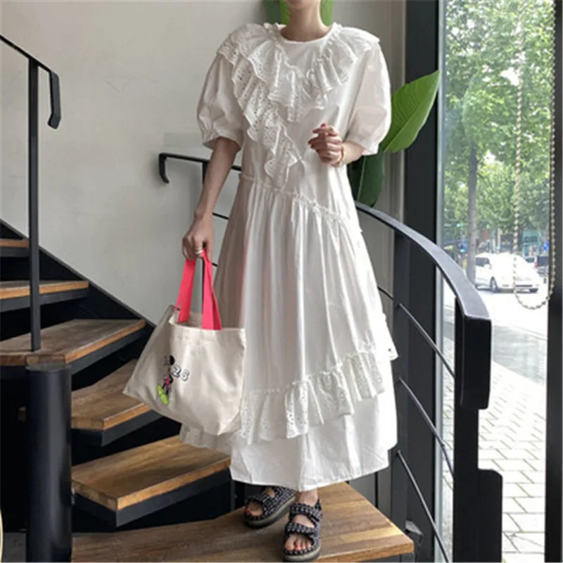 ženske poletje obleko korejskem slogu Kavljem cvet ogrlicom dolgo obleko o-vratu puff rokav mozaik čipke bele obleke 2020