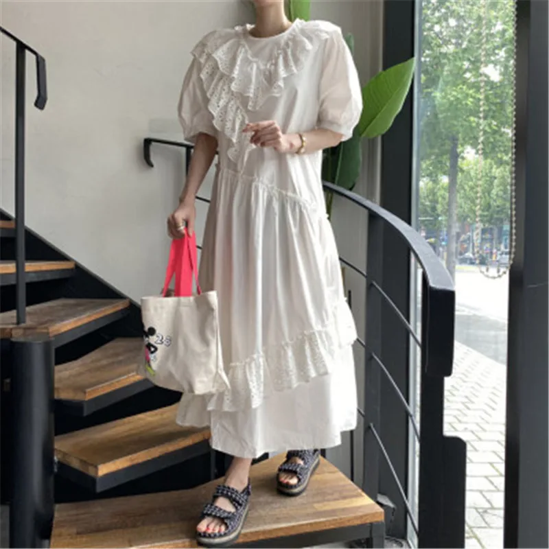 ženske poletje obleko korejskem slogu Kavljem cvet ogrlicom dolgo obleko o-vratu puff rokav mozaik čipke bele obleke 2020