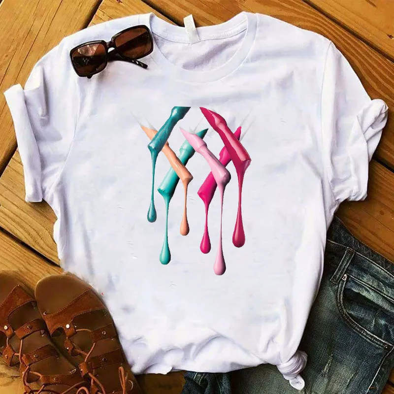 Ženske Poletne Vrhovi Harajuku Tee Tshirt 90. letih 3D Prst Lak barva Barva T-shirt Fashion Majica s kratkimi rokavi Ženske Prevelik Ženske majice