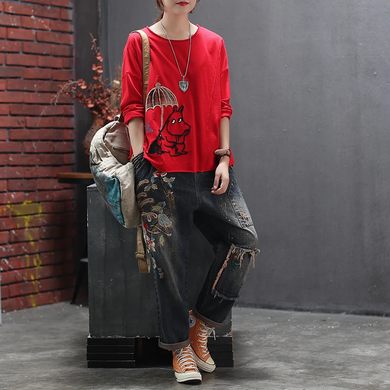 Ženske Pomlad Moda Kitajskem Slogu Risanka Pes Vezenje Mozaik O-vratu Dolg Rokav T-shirt Ženski Priložnostne Svoboden Tee Tshirts