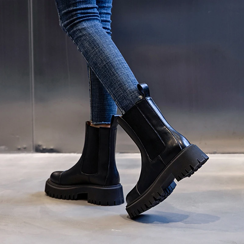 Ženske Pravega Usnja, Chelsea Škornji Škornji Močen Zimske Čevlje Platformo Kratek Zdrs NA Krog Močen Pete Boot