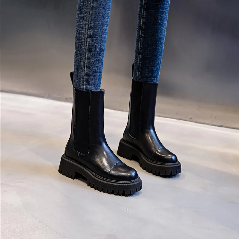 Ženske Pravega Usnja, Chelsea Škornji Škornji Močen Zimske Čevlje Platformo Kratek Zdrs NA Krog Močen Pete Boot