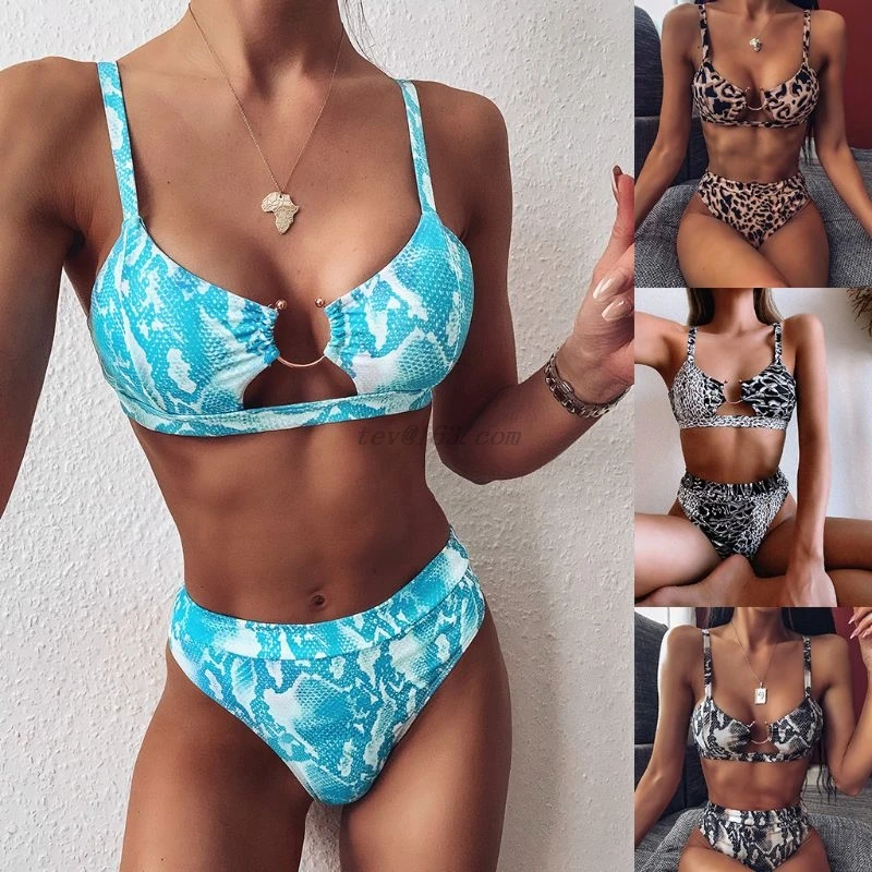Ženske Seksi 2 Kos, Plavanje obleko Bikini Komplet Push Up Kovinski O Ring Kopalke Boho Leopard Snakeskin Tiskanja Izrezanka Brazilski Kopanje