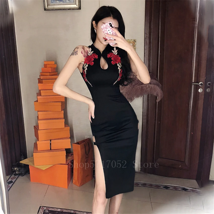 Ženske Seksi Rdeče Rose Cheongsam Obleka Black Visoko Split Votlih Iz Kitajske Qipao Letnik Gothic Vitek Pas Večer Stranka Dolgo Obleko