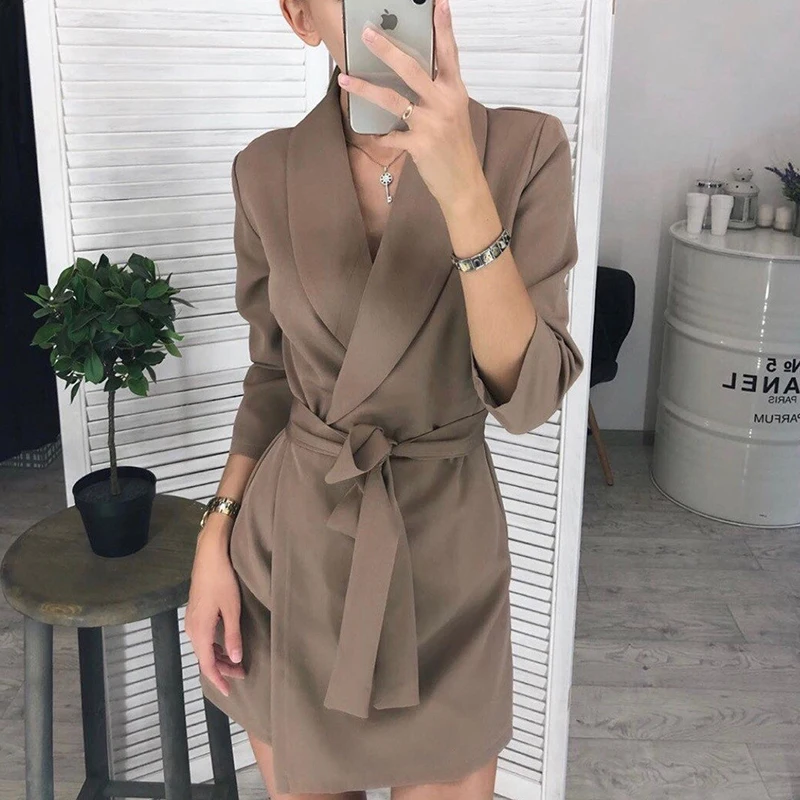 Ženske Seksi Sashes Linijo Proti-Vrat Obleko Dame Dolgo Sleeve Solid Priložnostne Elegantno Obleko 2020 Novo Modno Jesen Obleke Letnik Mini