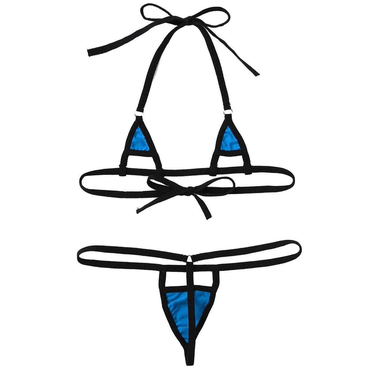 Ženske Seksi spodnje Perilo Bleščeče Kovinsko Mikro Mini Bikini Perilo Nastavite Povodcem Tie-na Trikotnik Bralette Modrc Top z G-String Tangice