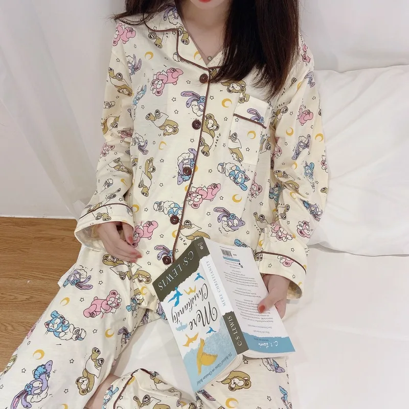 Ženske Sleepwear Srčkan Risanka Tiskanja Pižamo za Ženske Bombaž Pijama Nastavite Dolg Rokav Sweet Home Obleko za Ženske Pomlad Pyjama