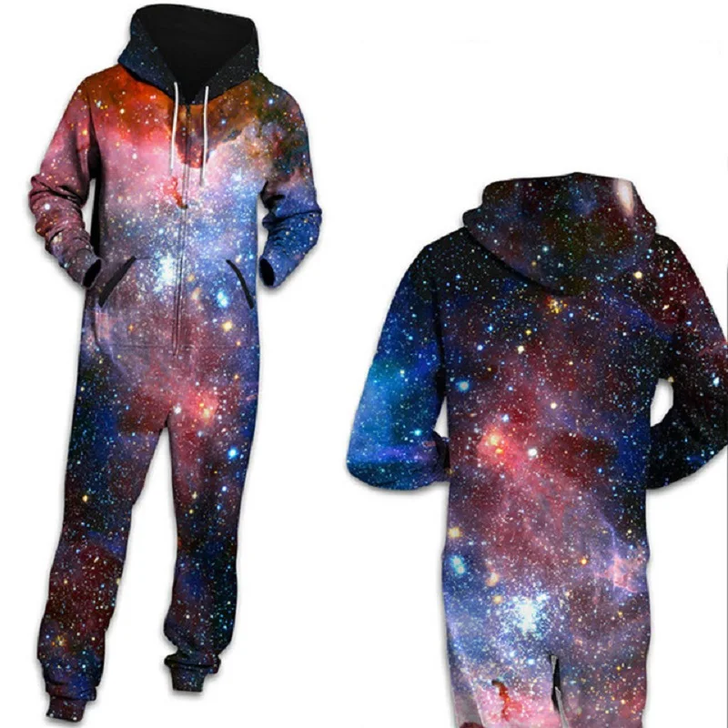 Ženske Space Star Galaxy Natisnjeni Loungewear Pižamo Unisex Svoboden Hooded Zadrgo Odprite Sleepwear Onesies za Odrasle Debele Jumpsuits