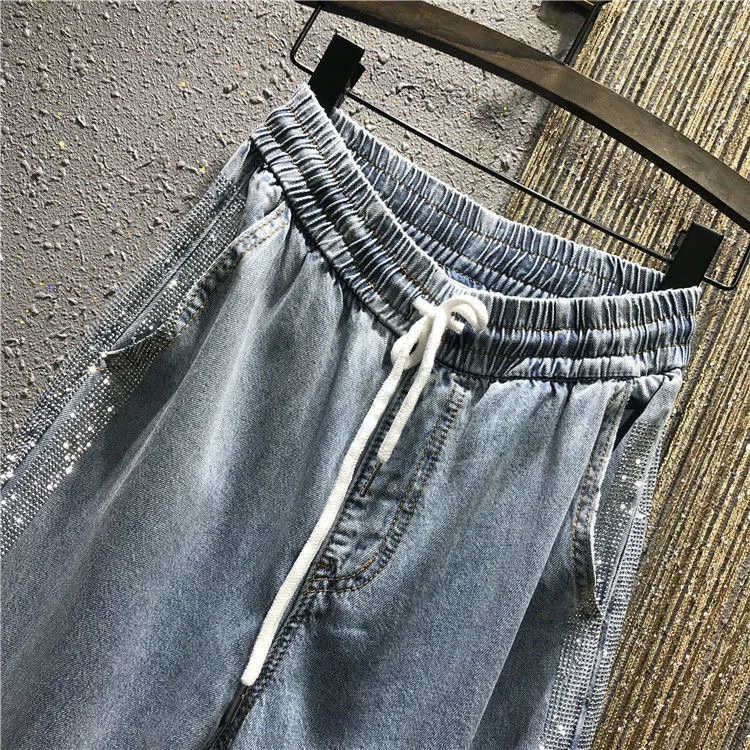 Ženske strani Sequined širok noge oprati traper hlače 2020 ženski elastični pas prevelik strani strip jeans hlače