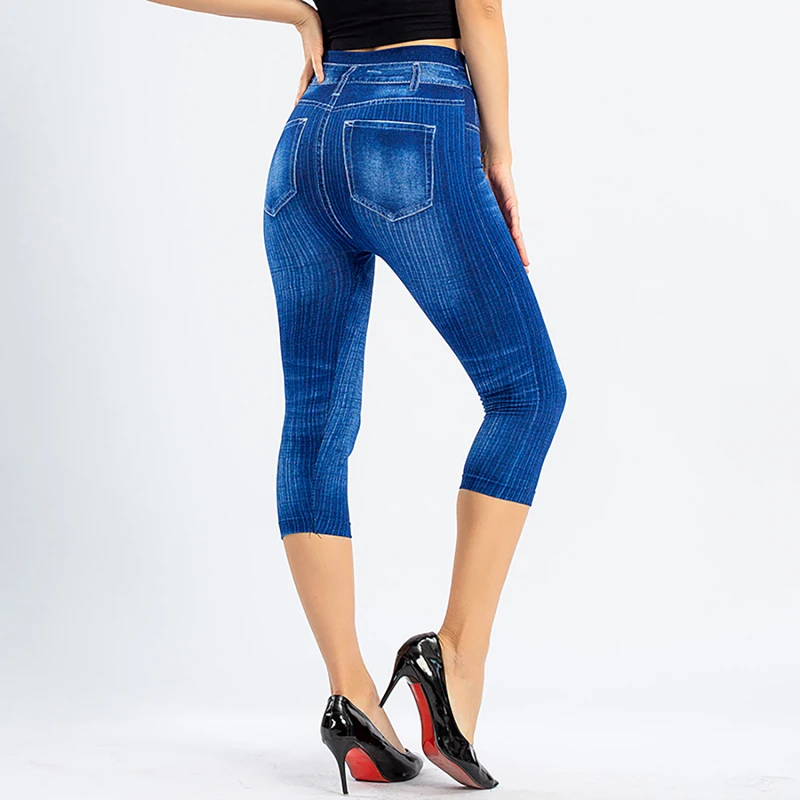 Ženske Umetno Jeans Dokolenice Visoko Elastični Pas Slim Moda Priložnostne Uvježbavanje Hlače Ženske Trdna Mehko Push Up Dokolenke Dropshippoing