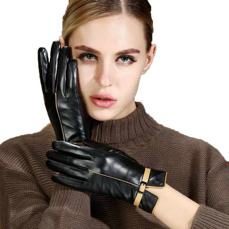 Ženske usnjene rokavice pozimi toplo zgosti coral runo oblog prostem hladno-dokazilo non-slip ovčje kože zaslon na dotik rokavice